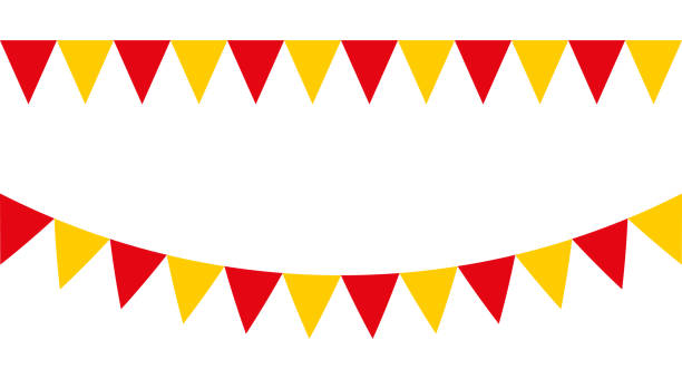 rote und gelbe partygirlanden mit wimpeln. vektorammern set ii. flagge in spanischen farben. - pennant flag party streamer stock-grafiken, -clipart, -cartoons und -symbole