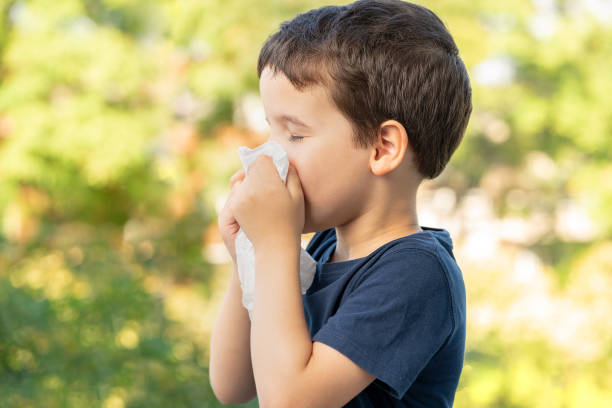istock Allergic child sneezing covering nose 1405404952
