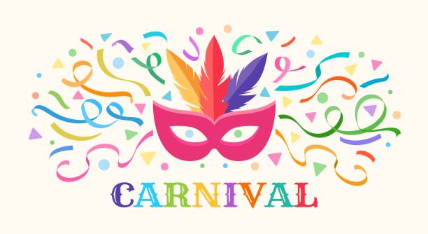 Mardi Gras streamer Mardi gras streamer. Mardis carnival party retro background with plumage mask confetti serpentine, mardi-gras parades invitation vector illustration mardi gras flyer stock illustrations