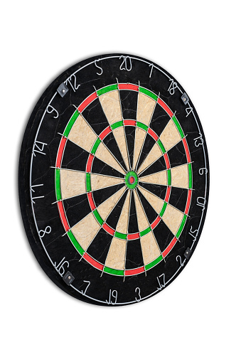 Empty dart board isolated on white background. Close-up. Front side view. No darts.