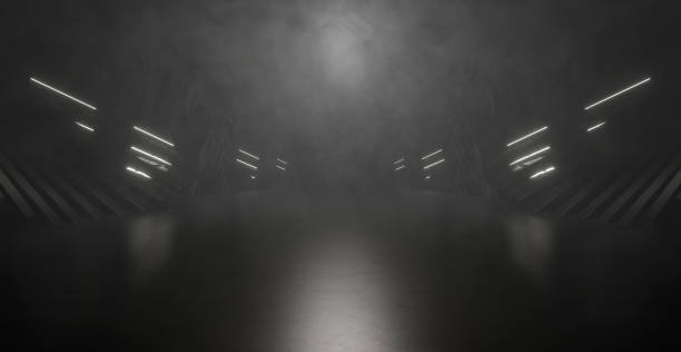 istock Abstract Digital Simulation Interesting Smoke Volumetrics Gray Tunnel Corridor Warehouse Abstract Background 3D Rendering 1405411994