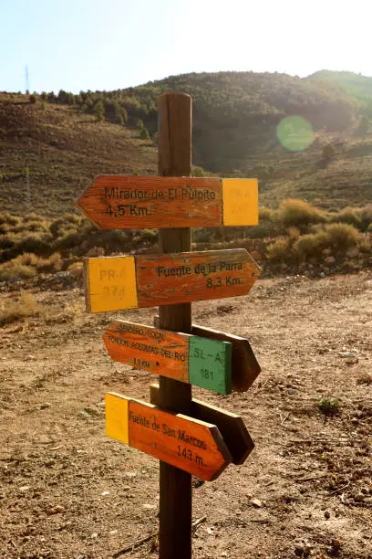Colourful wooden sign for hiking path in the deser
