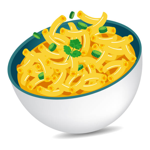 ilustraciones, imágenes clip art, dibujos animados e iconos de stock de delicioso macarrones y queso bowl ilustración vectorial - cuenco