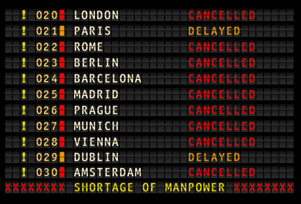 ilustrações, clipart, desenhos animados e ícones de informações do aeroporto exibindo voos cancelados e atrasados devido à falta de ilustração vetorial de pessoal - security staff security airport airport security