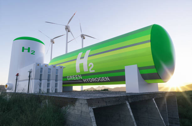 Green Hydrogen renewable energy production facility - green hydrogen gas for clean electricity solar and windturbine facility stock photo