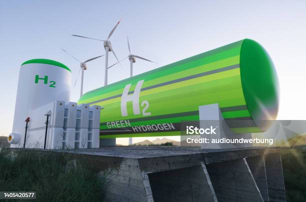 Green Hydrogen Renewable Energy Production Facility Green Hydrogen Gas For Clean Electricity Solar And Windturbine Facility Stock Photo - Download Image Now