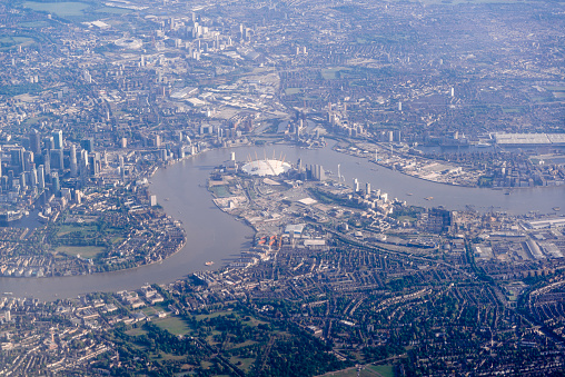 An aerial view of London including the Millennium Dome and docklands, London, England, UK