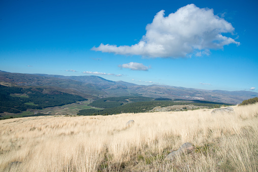 Cute clouds over the countryside in Avila. Blue sky and hills in the distance