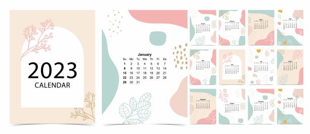 2023 table calendar week start on Sunday with color and flower that use for vertical digital and printable A4 A5 size 2023 table calendar week start on Sunday with color and flower that use for vertical digital and printable A4 A5 size september calendar stock illustrations