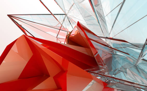 Abstract multi-colored architecture background with glass surfaces intersecting each other creating a pattern of reflections. Modern, futuristic architecture with striking design. Warm summer light against a bright sky. Red paint with blue reflections.