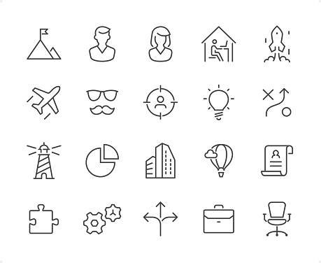 Management icons set #20

Specification: 20 icons, 64×64 pх, EDITABLE stroke weight! Current stroke 2 px.

Features: Pixel Perfect, Unicolor, Editable weight thin line.

First row of  icons contains:
On Top Of, Businessman, Businesswoman, Work from Home, Launch Rocket (Start Up);

Second row contains: 
Business Travel, Eyeglasses and Mustache, Target Businessman, Light Bulb, Strategy;

Third row contains: 
Lighthouse, Pie Chart Part, Financial Building, Success, Resume (Application Form);
 
Fourth row contains: 
Puzzle, Gears, Choice of the way arrows, Briefcase, Office Chair.

Check out the complete Prolinico collection — https://www.istockphoto.com/collaboration/boards/m2yevS1B7EWOAAxLZcvJhQ