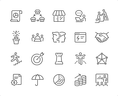 Retail Business icons set #19

Specification: 20 icons, 64×64 pх, EDITABLE stroke weight! Current stroke 2 px.

Features: Pixel Perfect, Unicolor, Editable weight thin line.

First row of  icons contains:
Report, Franchise icon, Store, Online Chart, Mentor;

Second row contains: 
Money Growth, Meeting, Puzzle Male Heads (Mentor Concepts), Web Page Report, Handshake;
 
Third row contains: 
Career Staircase, Target, Chess Rook, Finishing, Corporation; 
         
Fourth row contains: 
Contract, Insurance, Pie Chart, Profit, Presentation.

Check out the complete Prolinico collection — https://www.istockphoto.com/collaboration/boards/m2yevS1B7EWOAAxLZcvJhQ
