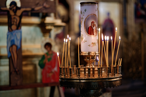 Greek culture and orthodox church architecture. Travel destination: Syros Island in Greece, Aegean sea. Place of worship for Christianity. Holy celebration event. Religious background with copy space