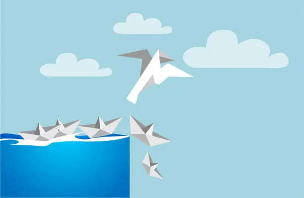 Vector illustration of Creative solutions and business innovation solution concept of innovative idea as a paper boat transformed into a bird lifted away from risk.