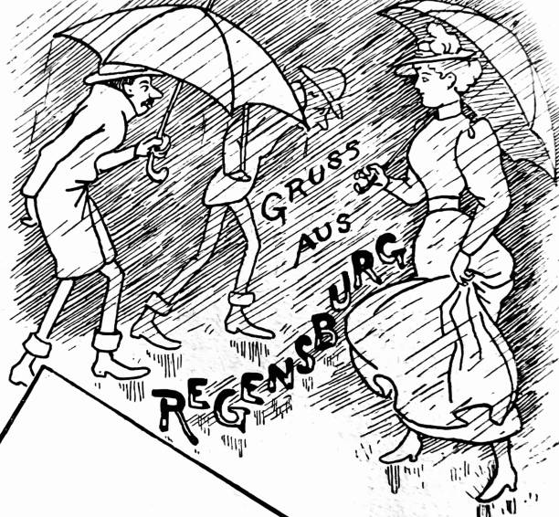 regentag in regensburg, regnerischer tag, menschen wandern mit regenschirmen - regen bayern stock-grafiken, -clipart, -cartoons und -symbole