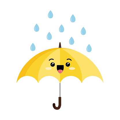 Cute open umbrella with rain drop cartoon character emoji icon. Funny yellow parasol mascot emoticon with face. Happy umbrella flat kawaii clip art vector illustration.