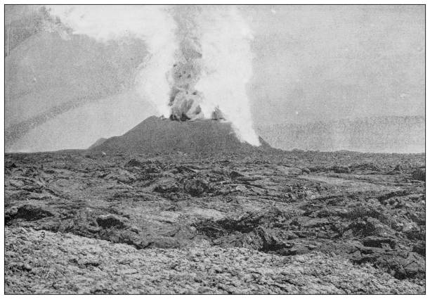 ilustrações de stock, clip art, desenhos animados e ícones de antique photo: mauna loa volcano, hawaii, eruption and aftermath - solidified