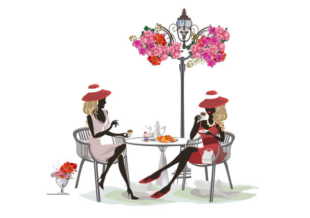 ilustraciones, imágenes clip art, dibujos animados e iconos de stock de gente de moda en el restaurante. café callejero en la ciudad vieja. chicas bebiendo café en la mesa cerca de la ventana retro. - moda londinense