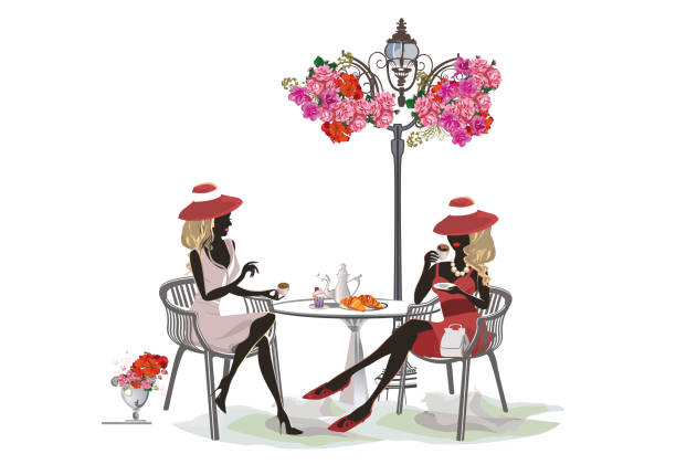 Fashion people in the restaurant. Street cafe in the old city. Girls drinking coffee at the table near the retro window. Fashion people in the restaurant. Street cafe in the old city. Girls drinking coffee at the table near the retro window. Hand drawn Vector Illustration. london fashion stock illustrations