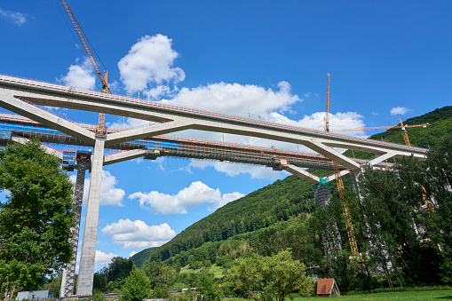 Wiesensteig, Baden-Wuerttemberg, Germany, 06-25-2022,\ncomplexe construction site for the new railway trail from Stuttgart to Munich. Combined tunnel and bridge construction in the Fils Valley
