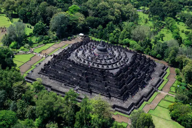 The splendor of Borobudur Temple seen from above in Magelang, Indonesia. One of the heritage buildings that are still functioning as a praying place for Buddhists in the world