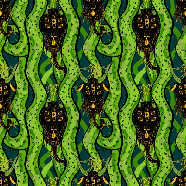 Vector illustration of Cartoon seamless pattern with thorn branches and goat devils. Spooky background.