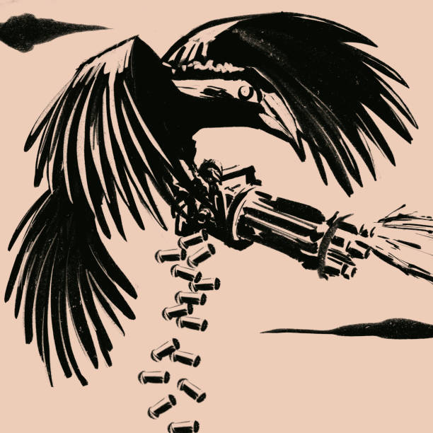 ミニガンで手描きの殺人レイヴン - hawk crow bird flying点のイラスト素材／クリップアート素材／マンガ素材／アイコン素材