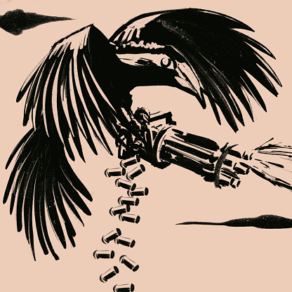 Surreal ink brush illustrationn of a murderous Raven with a Minigun firing and shell casings falling from the sky