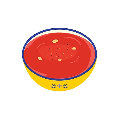 Vector illustration of yellow ceramic bowl with ornament and traditional Spanish tomato sou gazpacho