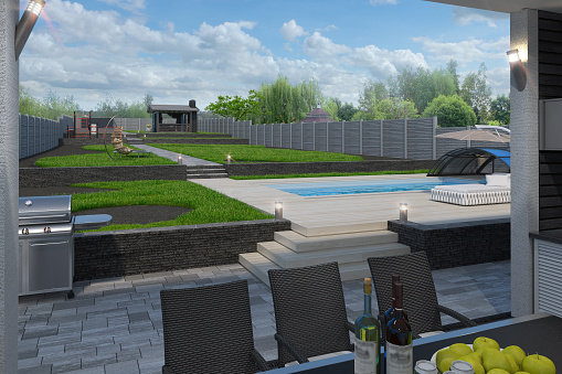 View to the terraced backyard, 3D visualization