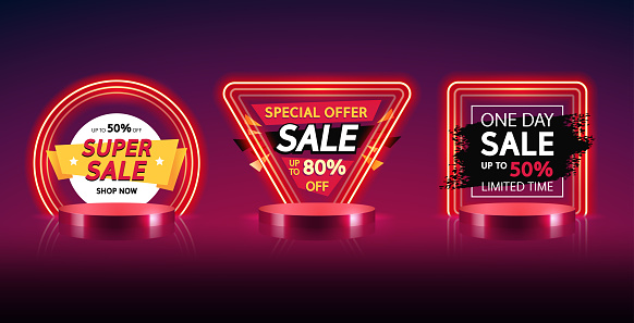 Round, Triangular and Square Red Neon Sale Banners Set. Vector clip art for your discount project in dynamic modern style.