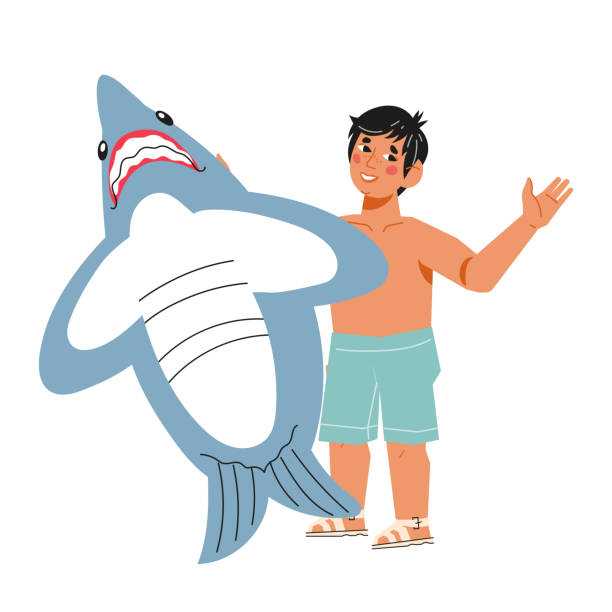 istock Cute little child boy with inflatable ring in shape of shark, flat vector illustration isolated. 1405435254