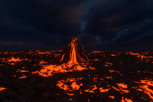 istock Volcano with molten lava. Fire ground. Landscape with molten magma. 3d rendering illustration. 1405437324