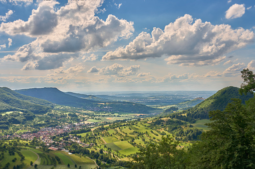panoramic landscape at  at a viewpoint on the Swabian Alb above village of Neidlingen, Baden-Württemberg, Germany