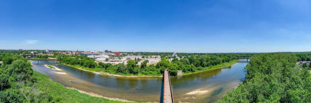 aerial the plywood patch bridge at grand river, brantford, canada - ontario spring bicycle city life imagens e fotografias de stock