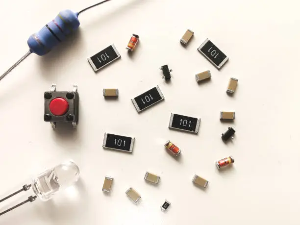 Various electronic components, resistance, capacitors, diodes, tact