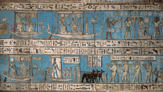 Luxor, Egypt - December 10 2023: Colorful hieroglyphs on the wall in Tomb of Ramesses V and Ramesses VI, KV9, Valley of the Kings