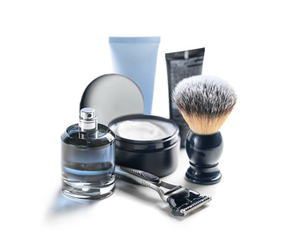 Shaving accessories set on a white background mockup