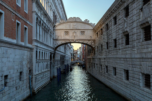 Venice, Italy - 06 10 2022: The Bridge of Sighs in Venice on a summer evening.