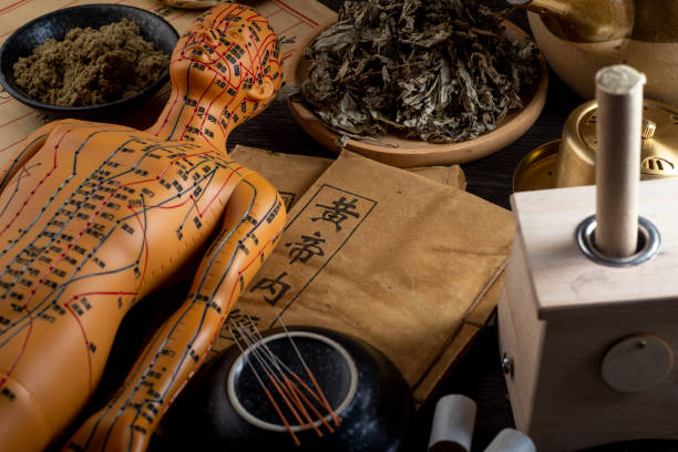 antecedentes de la moxibustión y la medicina herbal china.traducción china:clásico interno del emperador - naturopath fotografías e imágenes de stock