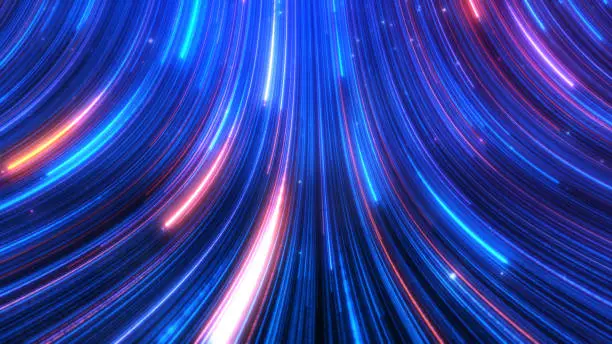 Photo of Abstract colorful glow light trail with blue red particles background.