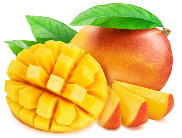 istock Mango fruits with green leaf and mango cut in hedgehog style isolated on white background. 1405442300