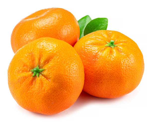 istock Three mandarin fruits with leaf  on white background. 1405442433