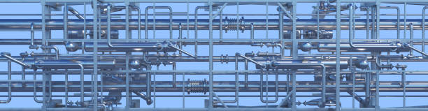 industrial background with horizontal metal structures from pipes on blue stock photo