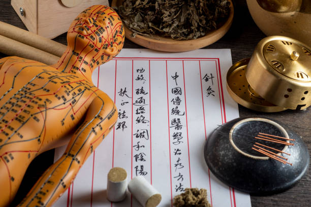 background of moxibustion and chinese herbal medicine.chinese character translation：acupuncture is a traditional chinese medical method. - chinese medicine medicine ancient herbal medicine imagens e fotografias de stock