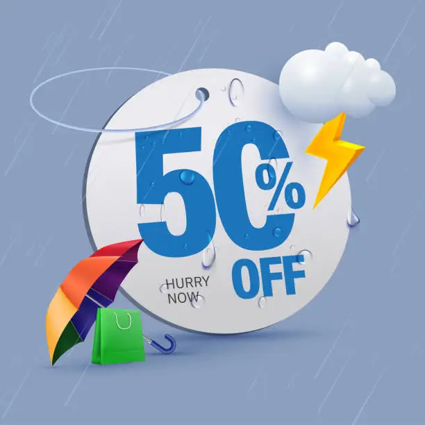 Vector illustration of monsoon offer tag 50 percent off written on price tag surrounded with monsoon elements