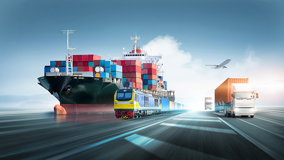 Global business logistics and transportation import export container cargo freight ship, freight train, cargo airplane, containers truck on highway with copy space, international trade concept