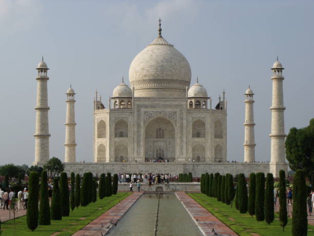 Taj Mahal, Agra, India, August 18, 2011: Marble mausoleum with its four minarets. Taj Mahal