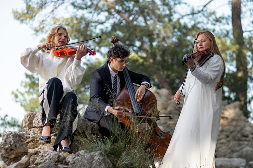 Two musicians in white dress and one musician in black suit in the forest. Music group playing violin, flute and double bass. Album cover.