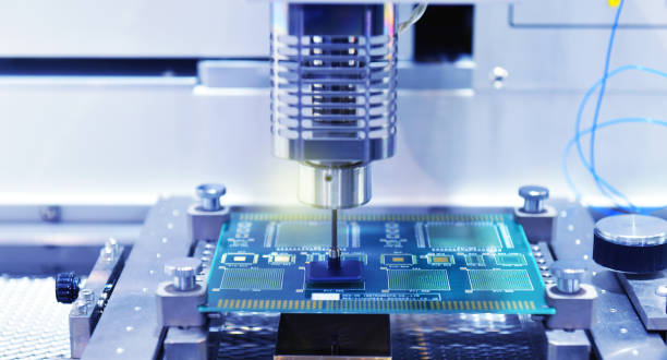 High technology and modern automatic robot for print circuit board (PCB) part stock photo